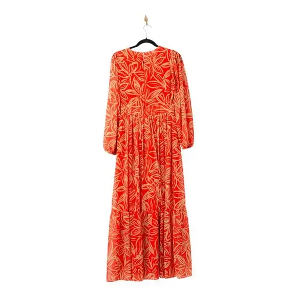 TOCCIN X RTR V-Neck Red and Orange Printed Maxi Dress - Size 4